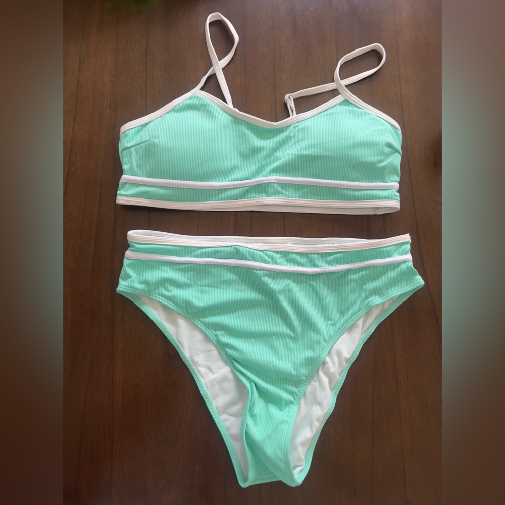 SHEIN Light Green Bikini Set with White Trim